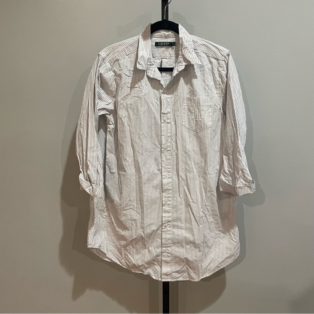 Lauren Ralph Laure Cotton Sleep Shirt Striped Light Pink Size Medium